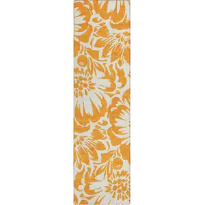 Photo of 8' Runner Orange and White Floral Washable Non Skid Indoor Outdoor Runner Rug