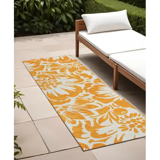 Orange and White Floral Washable Non Skid Indoor Outdoor Runner Rug Photo 1