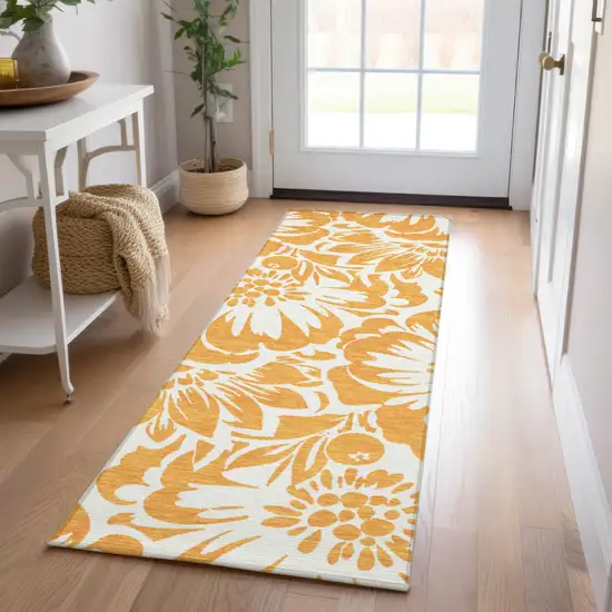 Orange and White Floral Washable Non Skid Indoor Outdoor Runner Rug Photo 9