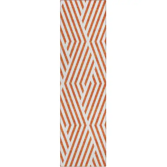 8' Runner Orange and White Geometric Washable Non Skid Indoor Outdoor Runner Rug Photo 1