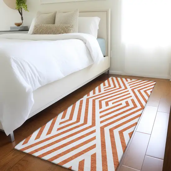 8' Runner Orange and White Geometric Washable Non Skid Indoor Outdoor Runner Rug Photo 7