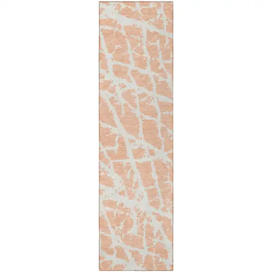 Peach and Ivory Abstract Washable Non Skid Indoor Outdoor Runner Rug Photo 4