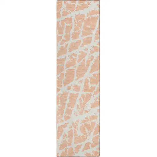 8' Runner Peach and Ivory Abstract Washable Non Skid Indoor Outdoor Runner Rug Photo 2