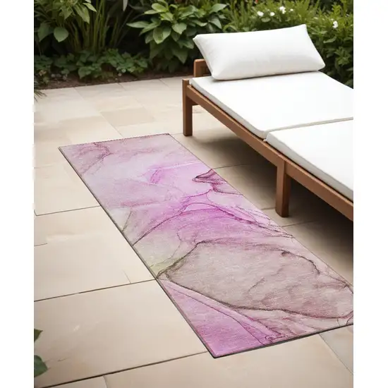 8' Runner Pink Abstract Washable Non Skid Indoor Outdoor Runner Rug Photo 1