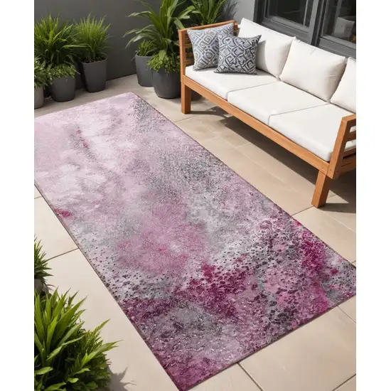 8' Runner Pink Abstract Washable Non Skid Indoor Outdoor Runner Rug Photo 1