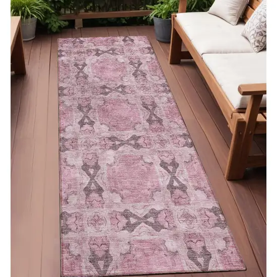 Pink Floral Medallion Washable Non Skid Indoor Outdoor Runner Rug Photo 1