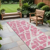 Photo of 8' Runner Pink and Ivory Abstract Washable Non Skid Indoor Outdoor Runner Rug