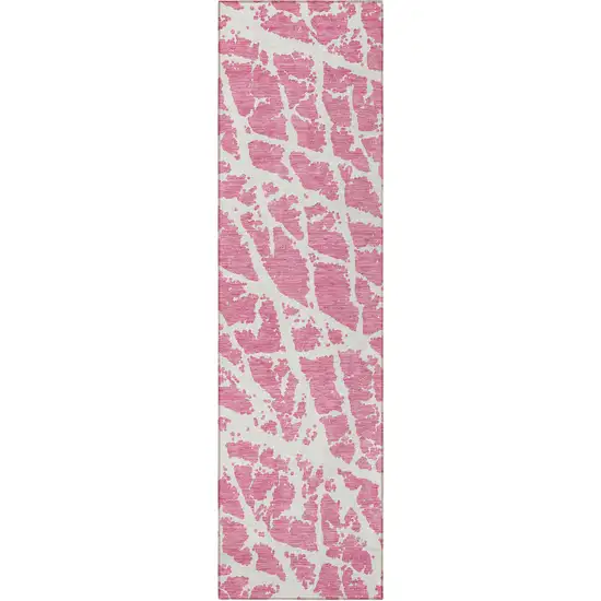 8' Runner Pink and Ivory Abstract Washable Non Skid Indoor Outdoor Runner Rug Photo 5