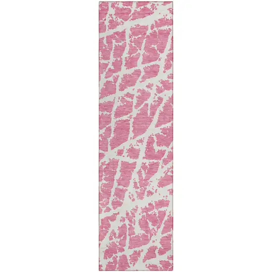 Pink and Ivory Abstract Washable Non Skid Indoor Outdoor Runner Rug Photo 2