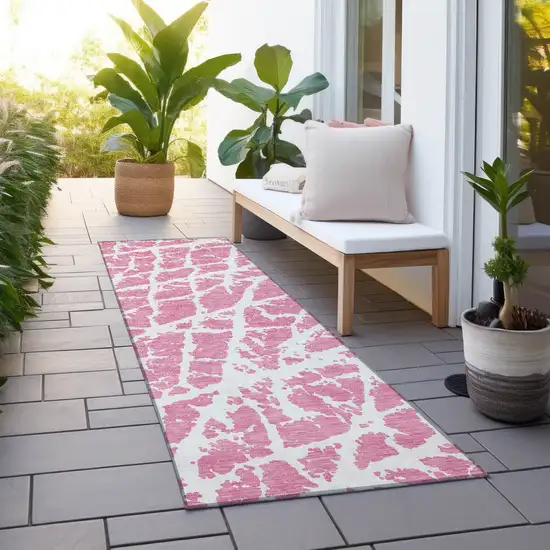 Pink and Ivory Abstract Washable Non Skid Indoor Outdoor Runner Rug Photo 9