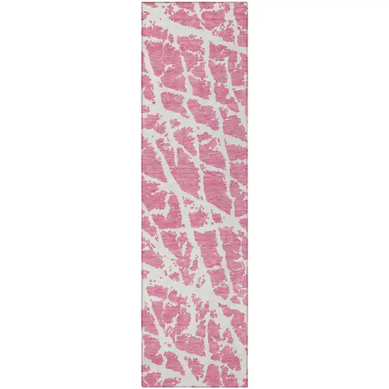 Pink and Ivory Abstract Washable Non Skid Indoor Outdoor Runner Rug Photo 4