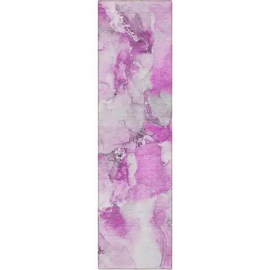 Pink and Ivory Abstract Washable Indoor Outdoor Runner Rug Photo 2