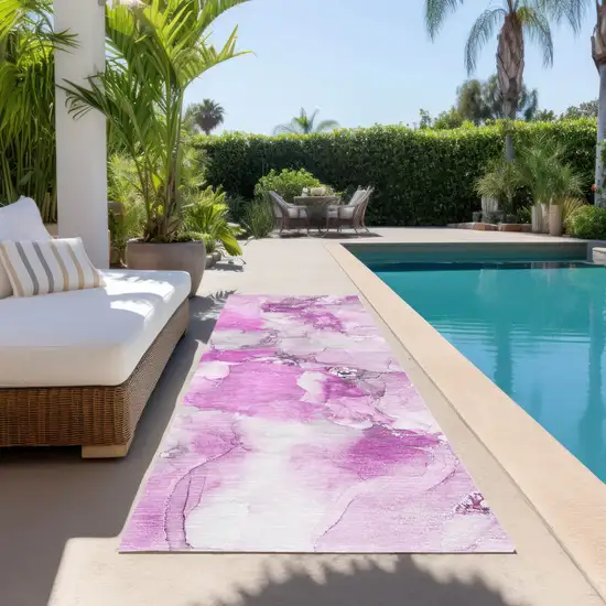 Pink and Ivory Abstract Washable Indoor Outdoor Runner Rug Photo 8