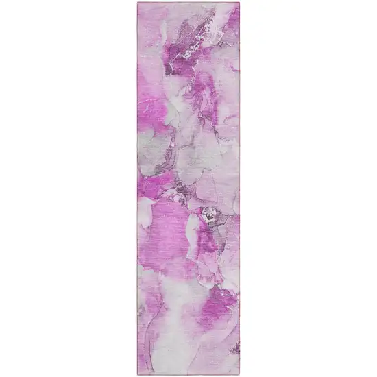 Pink and Ivory Abstract Washable Indoor Outdoor Runner Rug Photo 2