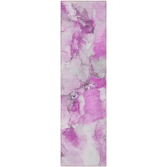 Pink and Ivory Abstract Washable Indoor Outdoor Runner Rug Photo 4