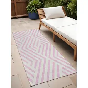 Photo of 8' Runner Pink and White Geometric Washable Non Skid Indoor Outdoor Runner Rug