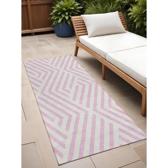 8' Runner Pink and White Geometric Washable Non Skid Indoor Outdoor Runner Rug Photo 1