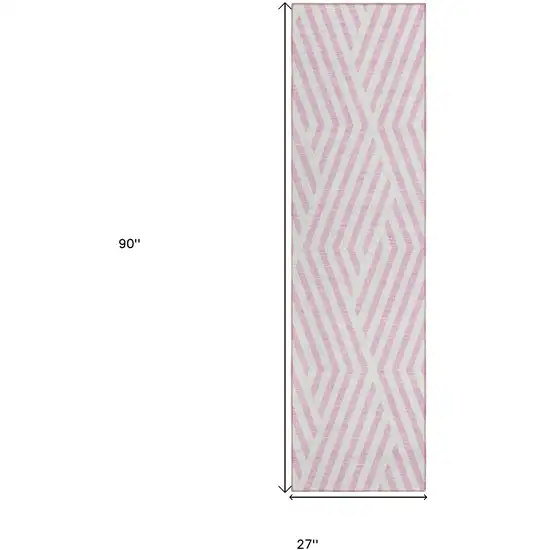 Pink and White Geometric Washable Non Skid Indoor Outdoor Runner Rug Photo 3