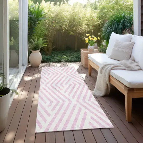 Pink and White Geometric Washable Non Skid Indoor Outdoor Runner Rug Photo 8