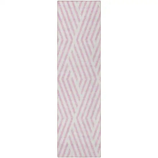 Pink and White Geometric Washable Non Skid Indoor Outdoor Runner Rug Photo 5