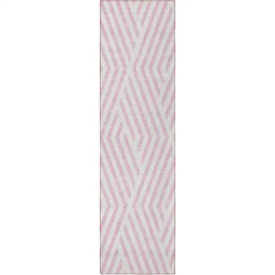 8' Runner Pink and White Geometric Washable Non Skid Indoor Outdoor Runner Rug Photo 5