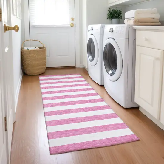 8' Runner Pink and White Striped Washable Non Skid Indoor Outdoor Runner Rug Photo 7