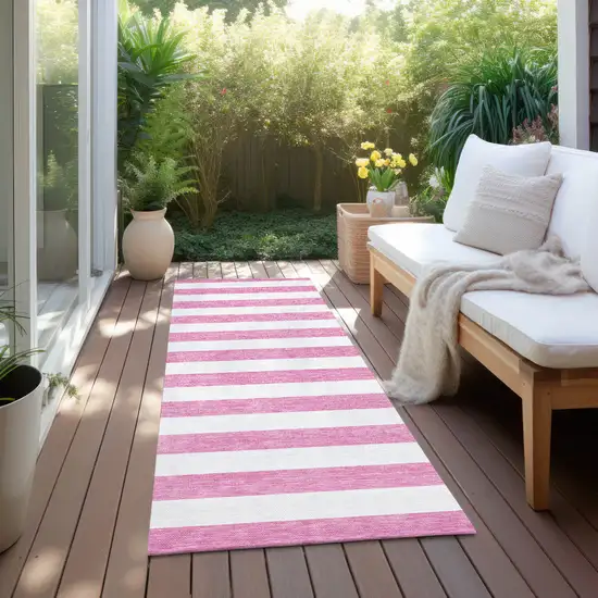 Pink and White Striped Washable Indoor Outdoor Runner Rug Photo 6