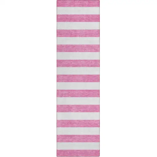 Pink and White Striped Washable Indoor Outdoor Runner Rug Photo 2