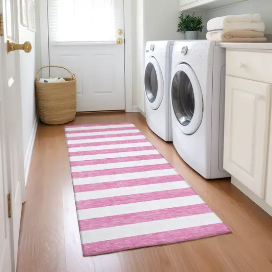 Pink and White Striped Washable Indoor Outdoor Runner Rug Photo 8