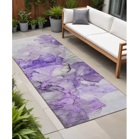 8' Runner Purple Abstract Washable Non Skid Indoor Outdoor Runner Rug Photo 1