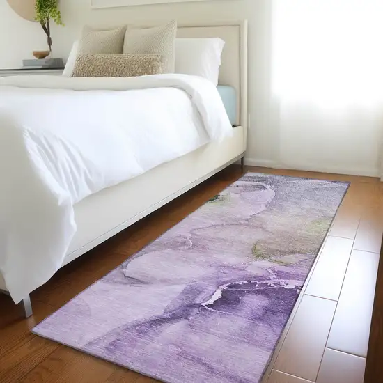 8' Runner Purple Abstract Washable Non Skid Indoor Outdoor Runner Rug Photo 7