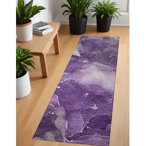 Photo of 8' Runner Purple Abstract Washable Non Skid Indoor Outdoor Runner Rug