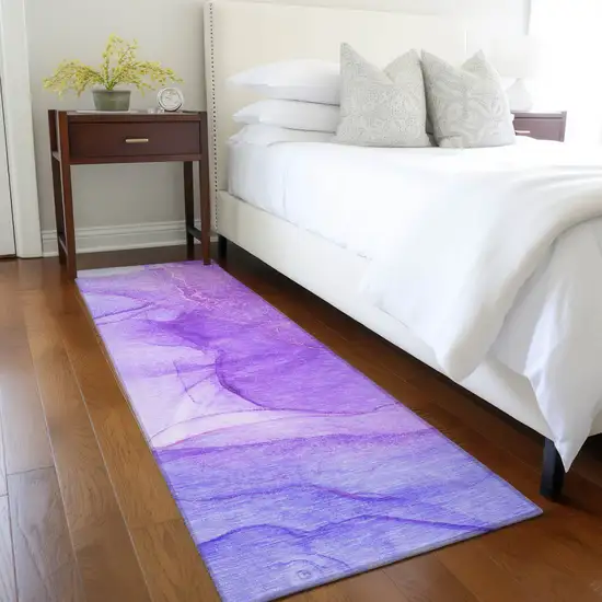 8' Purple Abstract Washable Non Skid Indoor Outdoor Runner Rug Photo 9