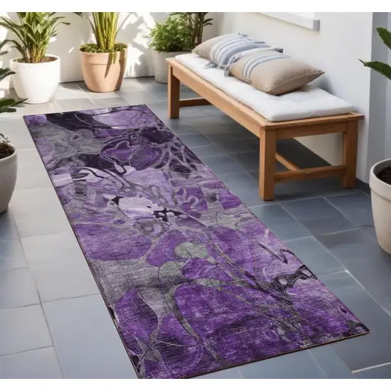 Purple Abstract Washable Indoor Outdoor Runner Rug Photo 1