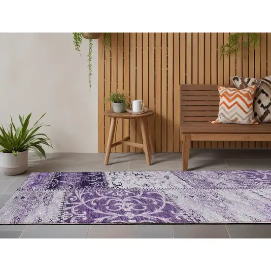 Purple Patchwork Washable Non Skid Indoor Outdoor Runner Rug Photo 1