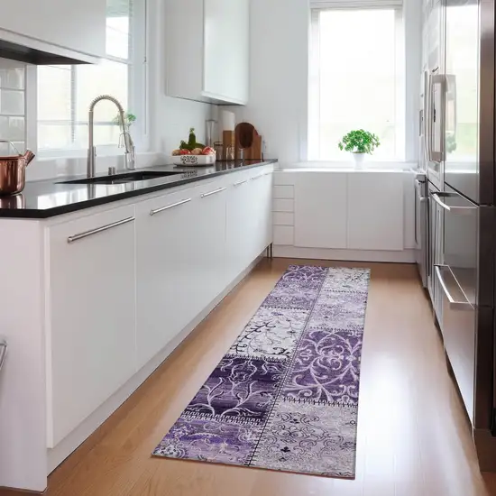 Purple Patchwork Washable Non Skid Indoor Outdoor Runner Rug Photo 8