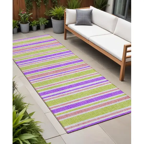 Purple Green and Pink Striped Washable Non Skid Indoor Outdoor Runner Rug Photo 1