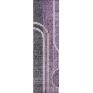 Photo of 8' Runner Purple and Black Abstract Washable Non Skid Indoor Outdoor Runner Rug