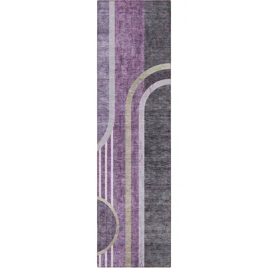 8' Runner Purple and Black Abstract Washable Non Skid Indoor Outdoor Runner Rug Photo 2