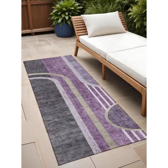 Purple and Black Abstract Washable Indoor Outdoor Runner Rug Photo 1