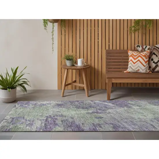 8' Runner Purple and Green Abstract Washable Non Skid Indoor Outdoor Runner Rug Photo 1