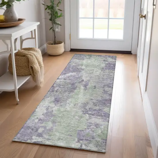 8' Runner Purple and Green Abstract Washable Non Skid Indoor Outdoor Runner Rug Photo 9