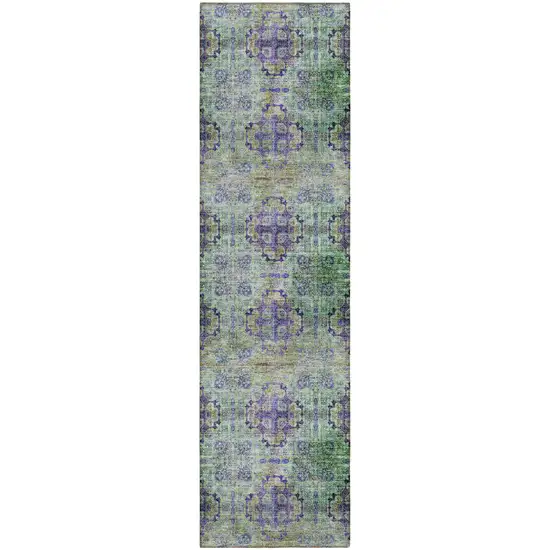 Purple and Green Floral Medallion Washable Non Skid Indoor Outdoor Runner Rug Photo 2