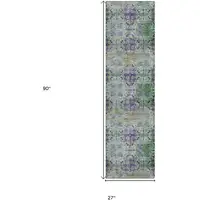 Photo of 8' Runner Purple and Green Floral Medallion Washable Non Skid Indoor Outdoor Runner Rug