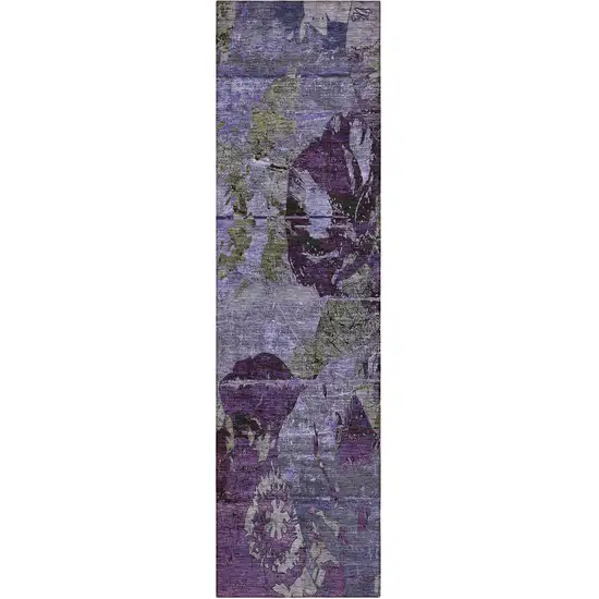 8' Runner Purple and Green Abstract Washable Indoor Outdoor Runner Rug Photo 1