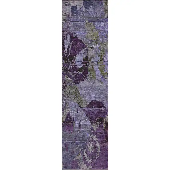 8' Runner Purple and Green Floral Washable Non Skid Indoor Outdoor Runner Rug Photo 3