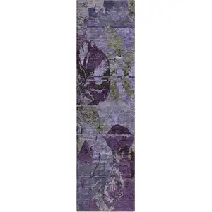 Photo of 8' Runner Purple and Green Floral Washable Non Skid Indoor Outdoor Runner Rug