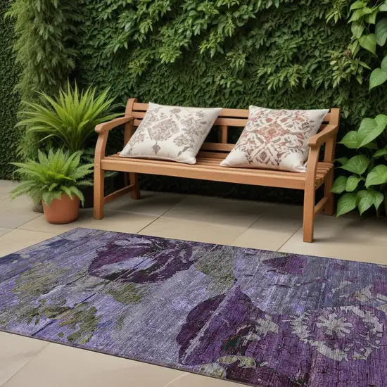 Purple and Green Abstract Washable Indoor Outdoor Runner Rug Photo 1