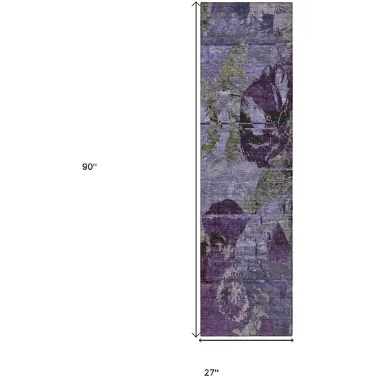 Purple and Green Abstract Washable Indoor Outdoor Runner Rug Photo 3