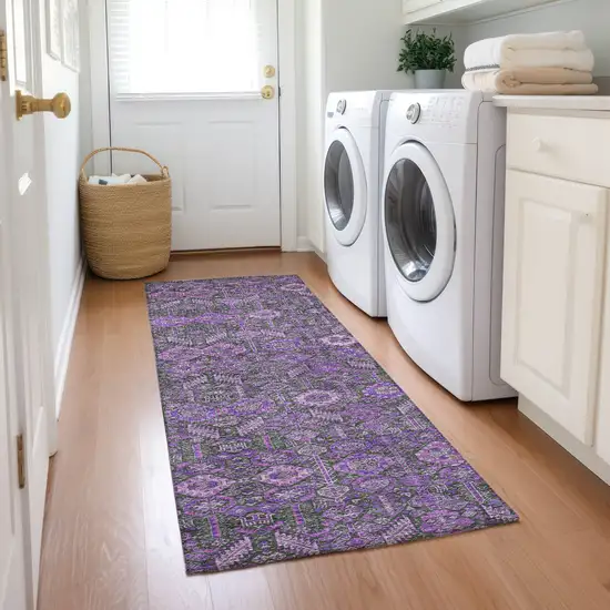 8' Runner Purple and Green Floral Washable Non Skid Indoor Outdoor Runner Rug Photo 9